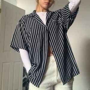 Navy & White Striped button-down shirt Korean